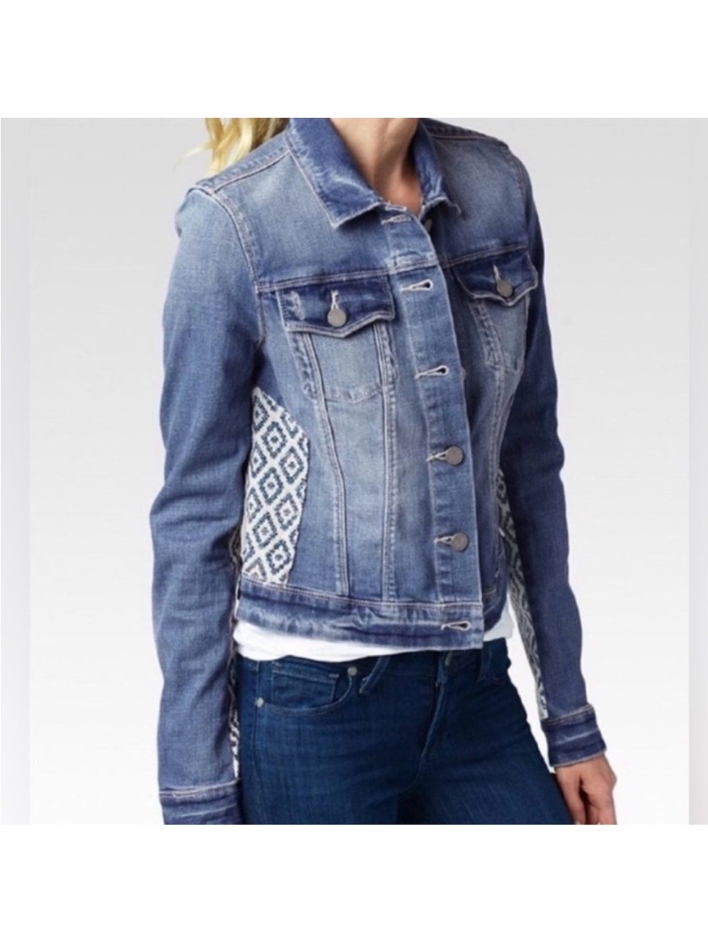 PAIGE Distressed Blue Denim Jacket with Diamond Embroidered Panels